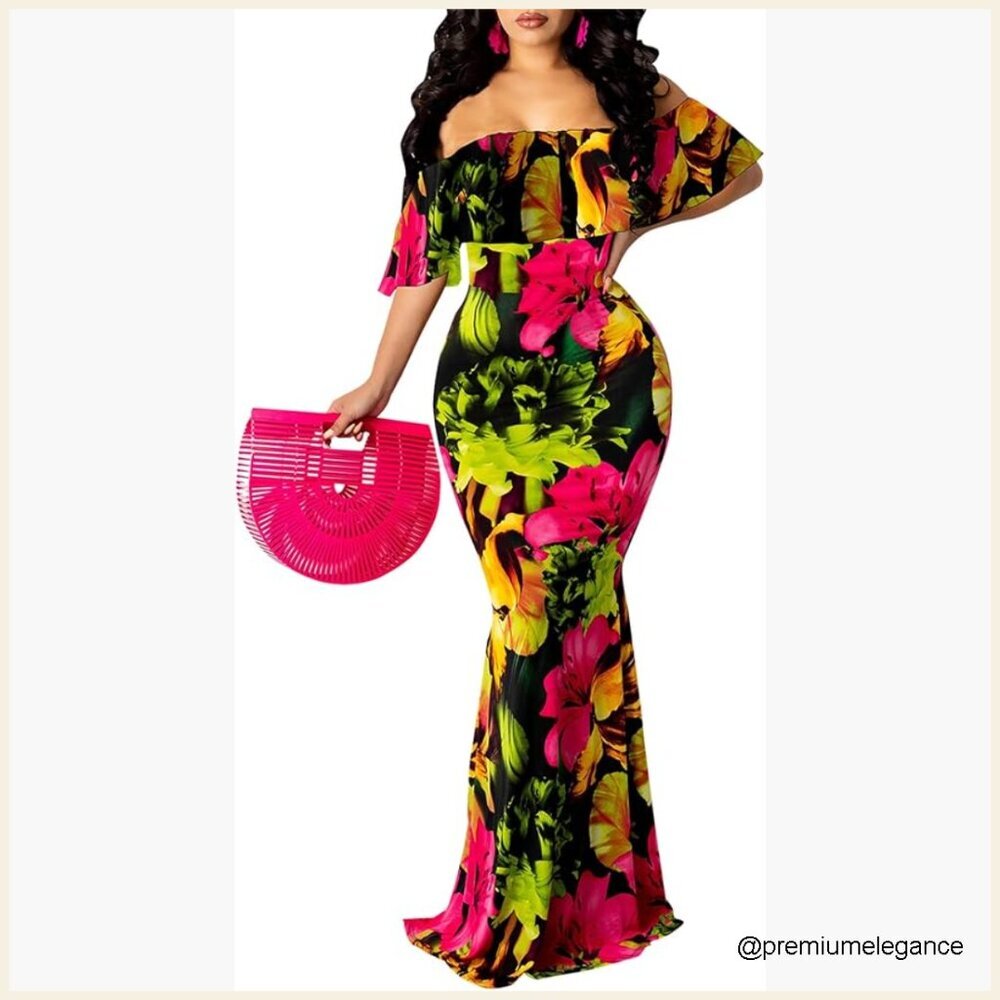 Off Shoulder Maxi Dress Floral Ruffle Formal Evening Party Long Dress